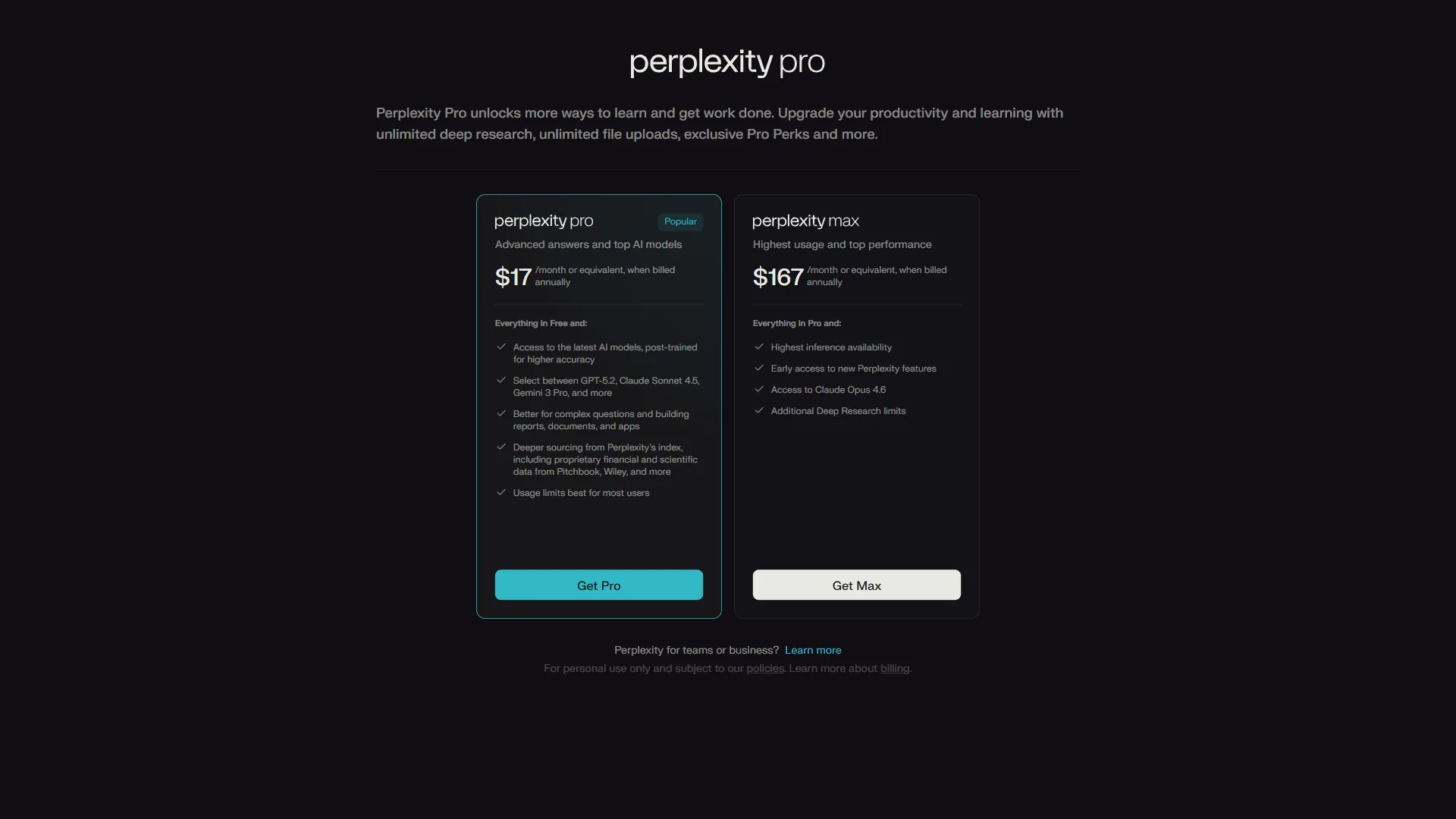 Perplexity Pro pricing page showing subscription tiers and features