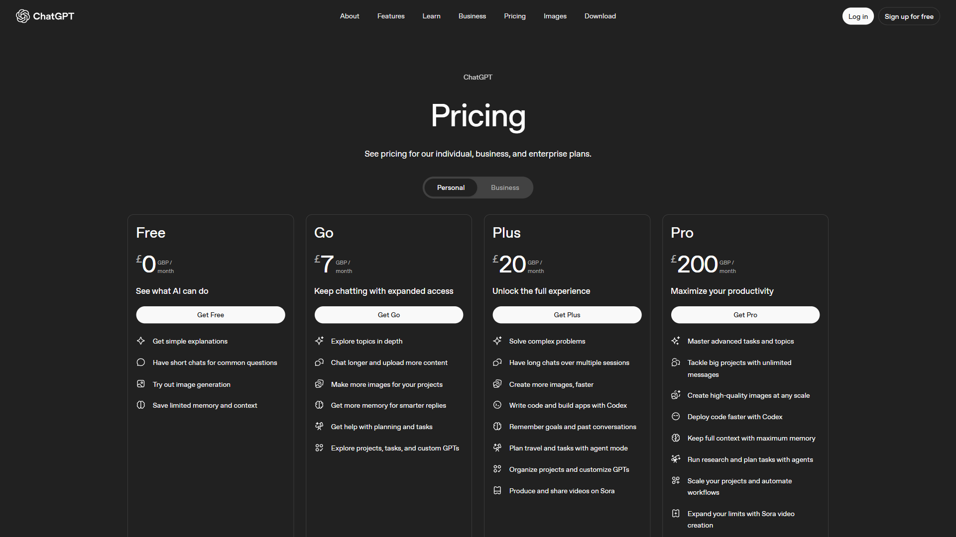 ChatGPT pricing page showing Plus, Team, and Enterprise subscription tiers