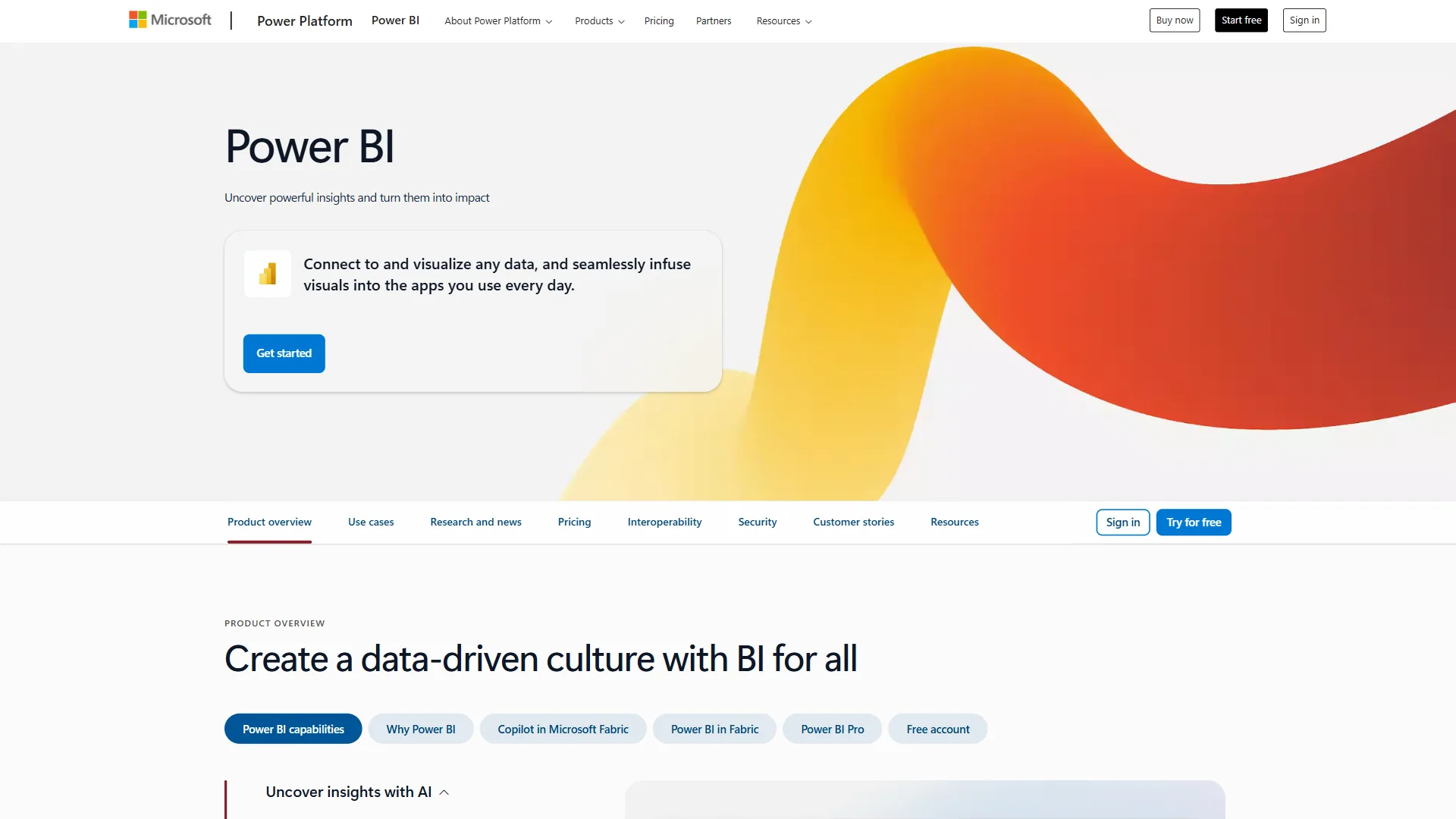 Microsoft Power BI analytics platform homepage showing data visualization capabilities
