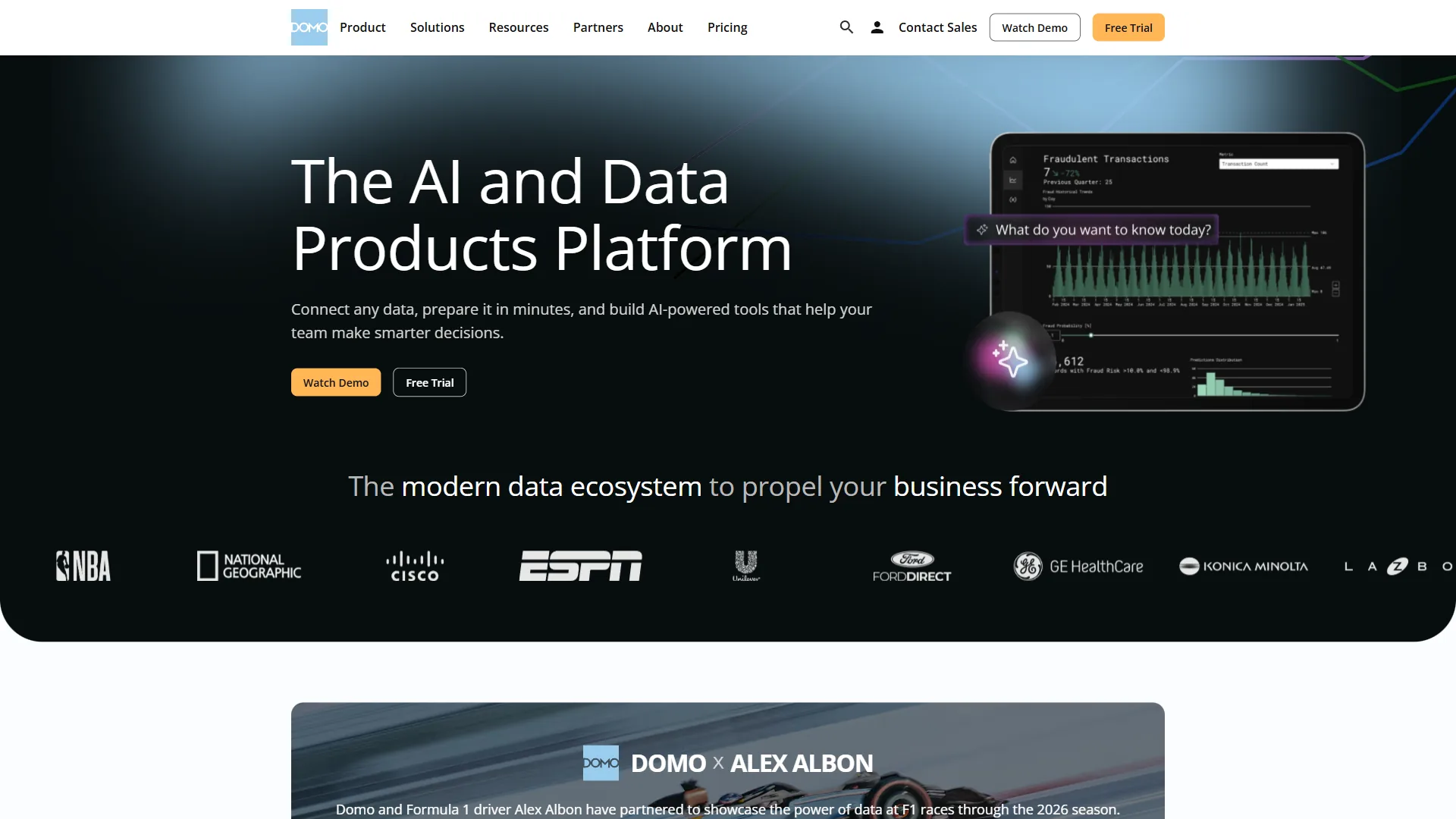 Domo business intelligence platform homepage featuring real-time data integration