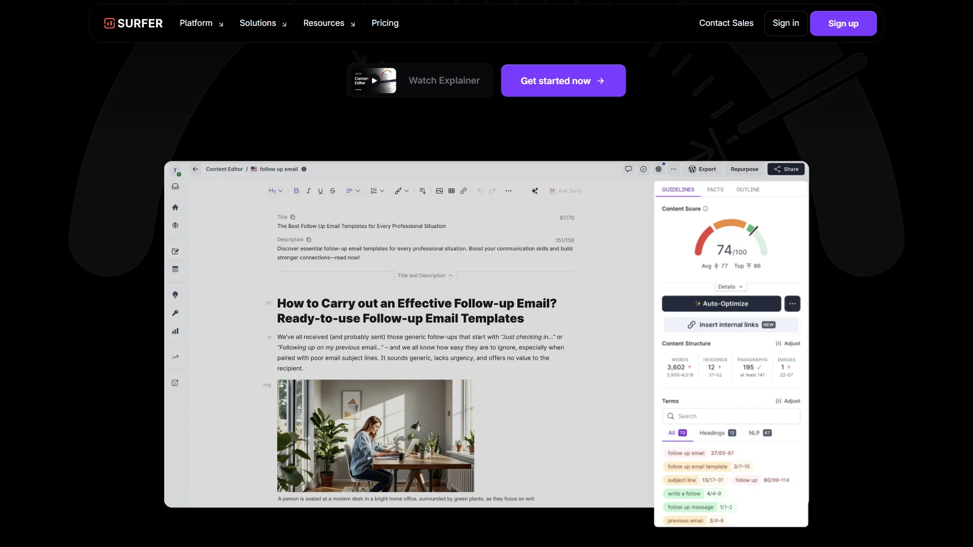 Surfer SEO Content Editor with real-time content score and NLP term suggestions highlighted