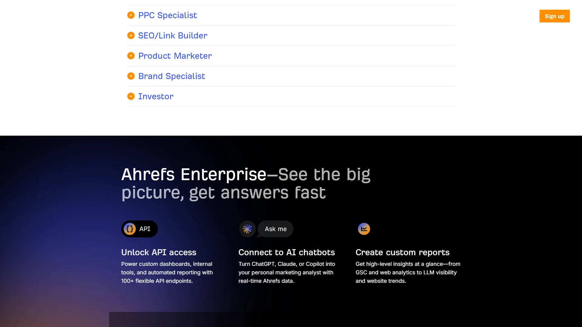 Ahrefs page showing role-based use cases and Enterprise section with API and AI chatbot features