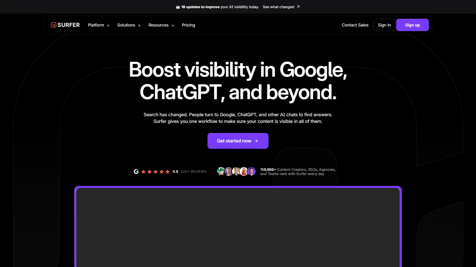 Surfer SEO homepage with visibility headline, user rating badge, and dark-themed product preview