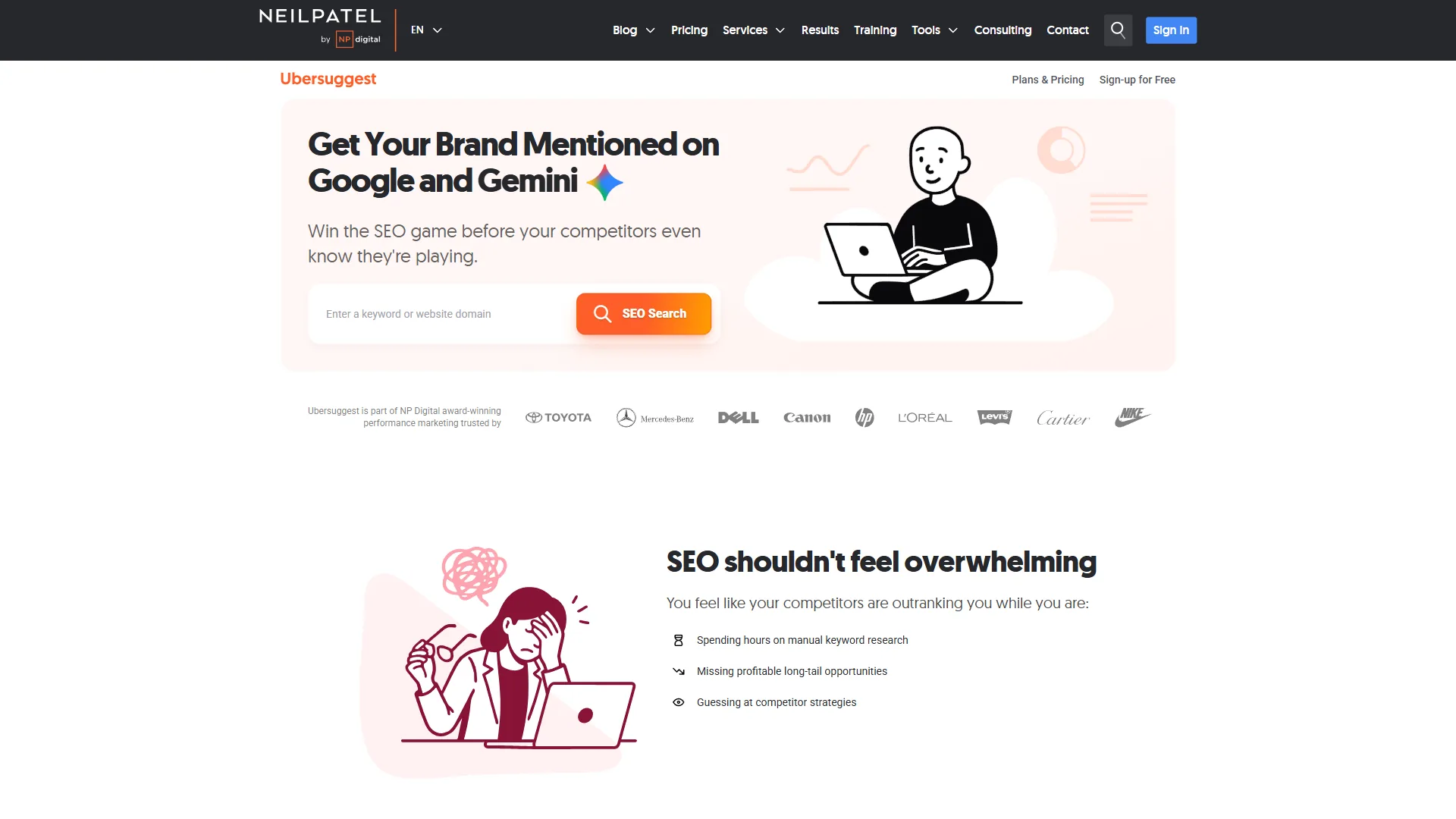 Ubersuggest homepage showing keyword research and SEO audit tools by Neil Patel