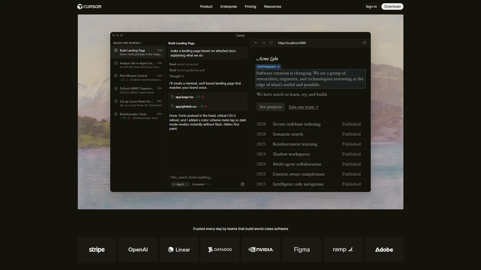 Cursor code editor showing the Composer agent making multi-file edits across a codebase with AI-suggested changes highlighted in the diff view