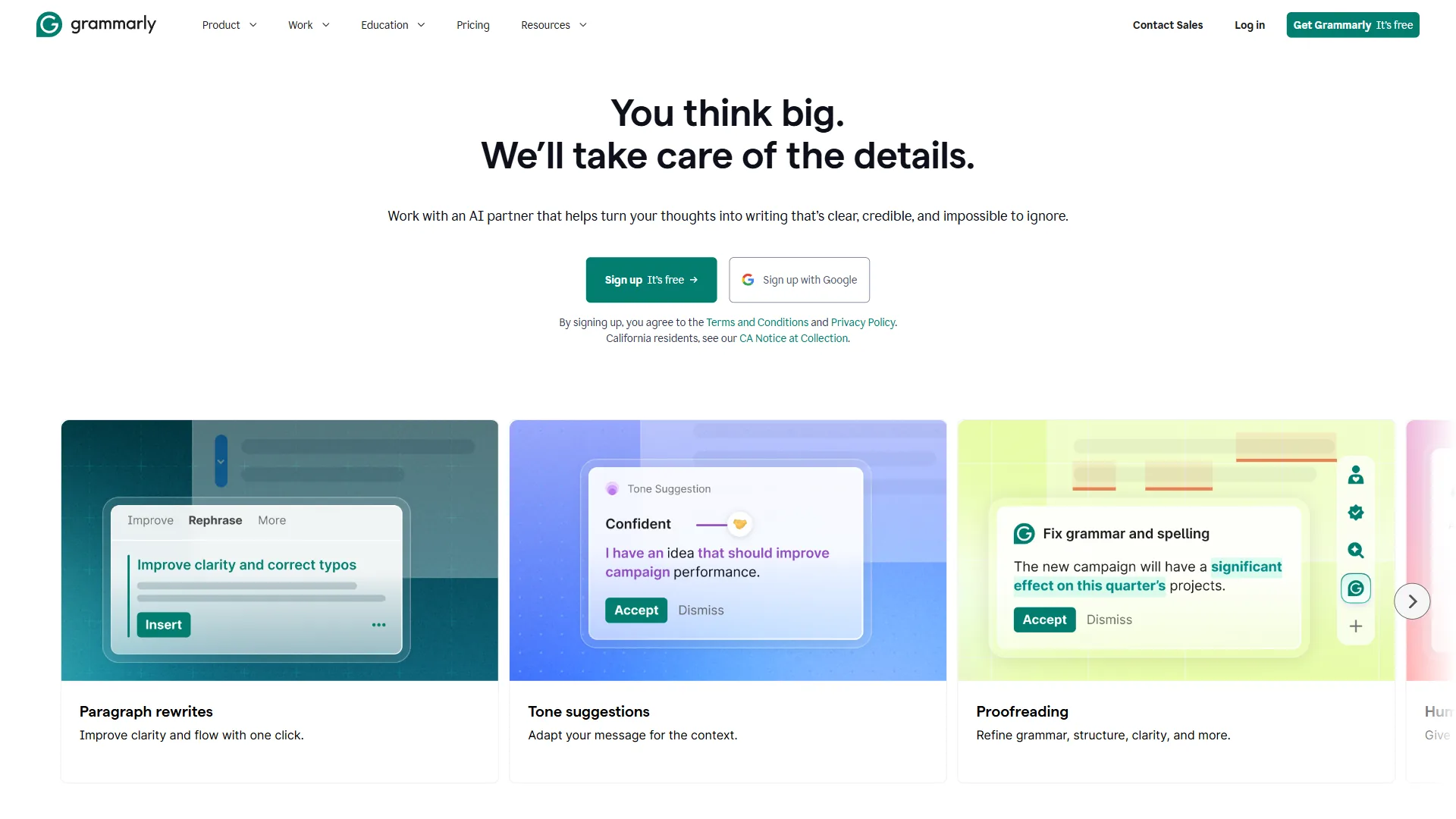 Grammarly homepage showing AI writing assistant features for professional writing