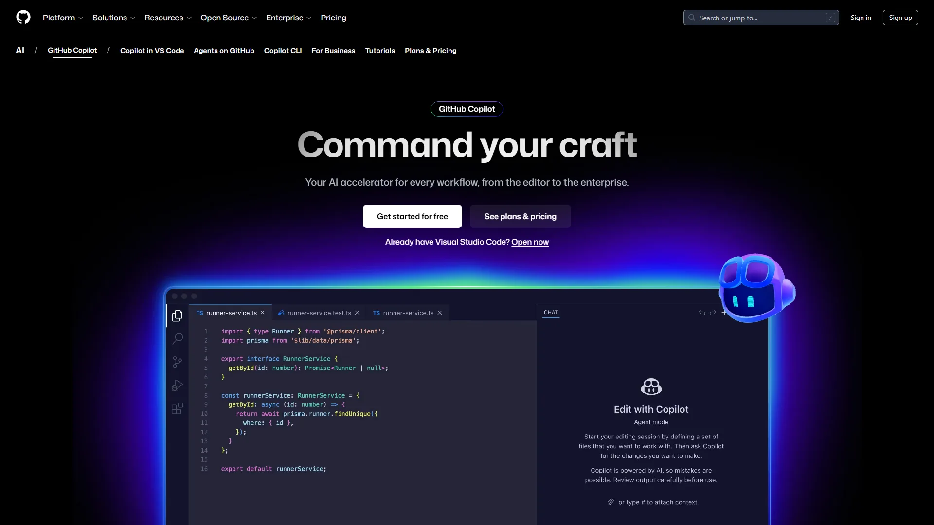 GitHub Copilot AI pair programming interface in VS Code