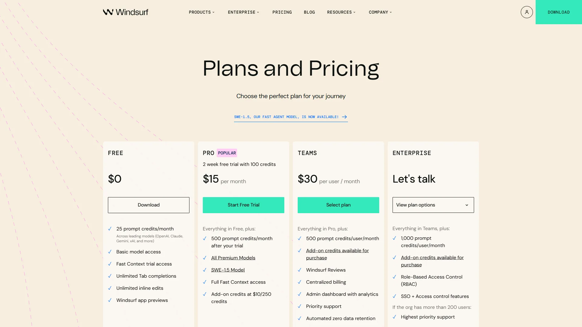 Windsurf pricing showing Free, Pro at $15 per month, and Teams at $30 per month