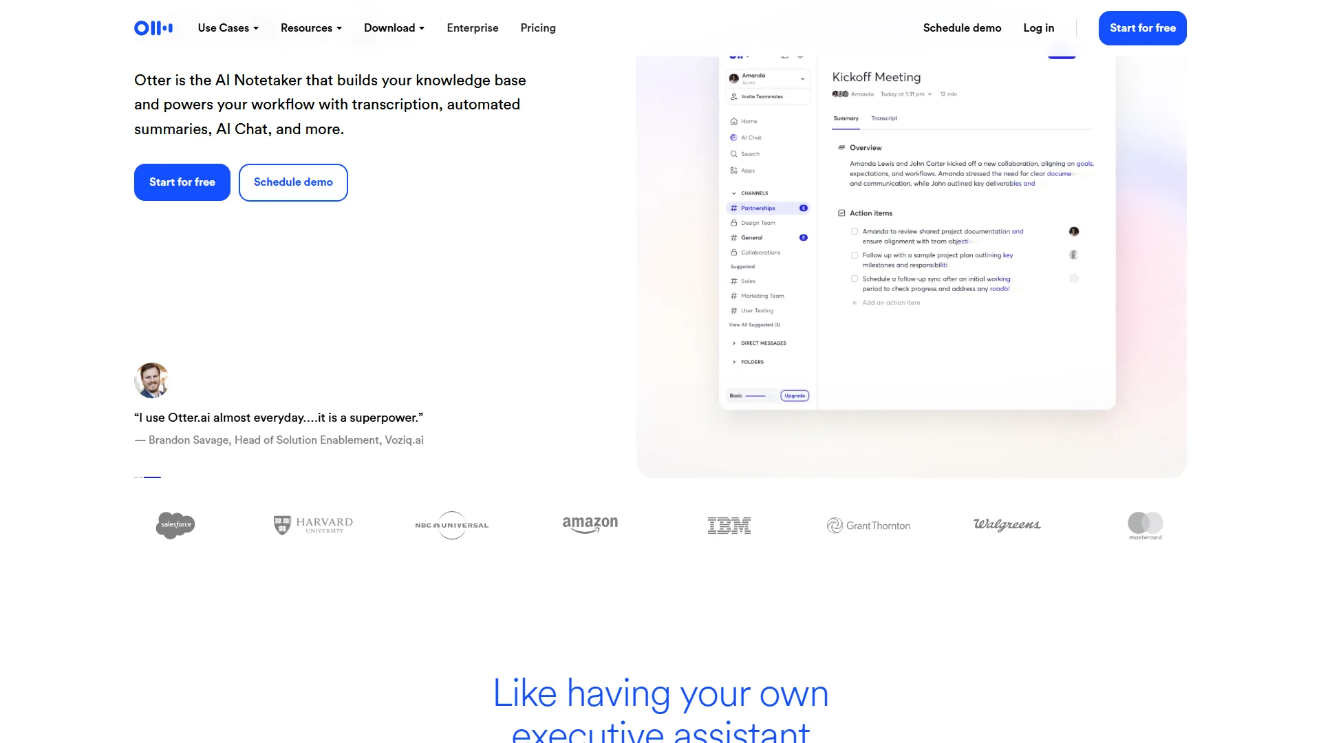 Otter.ai homepage showing AI meeting assistant with real-time transcription and summary features
