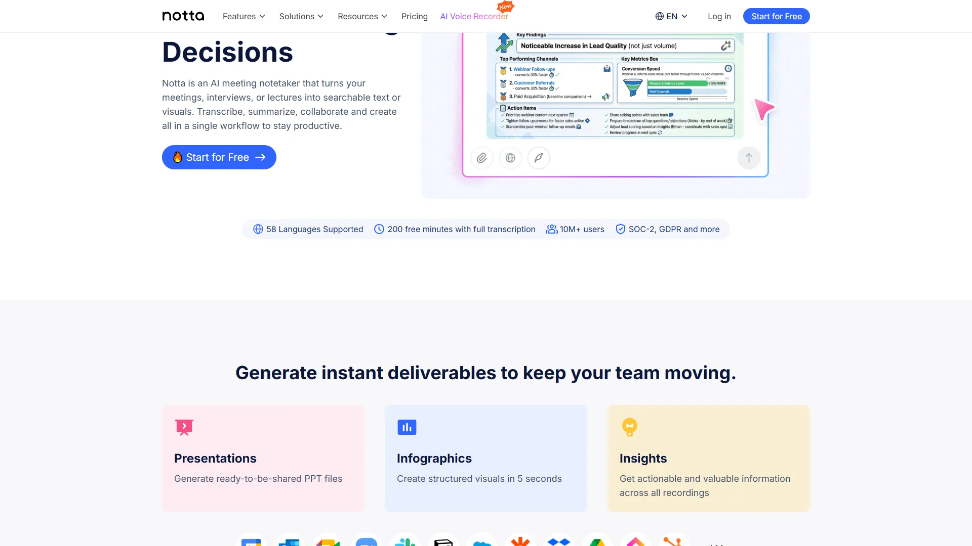 Notta homepage showing AI transcription supporting 104 languages for audio files, video, and live meetings