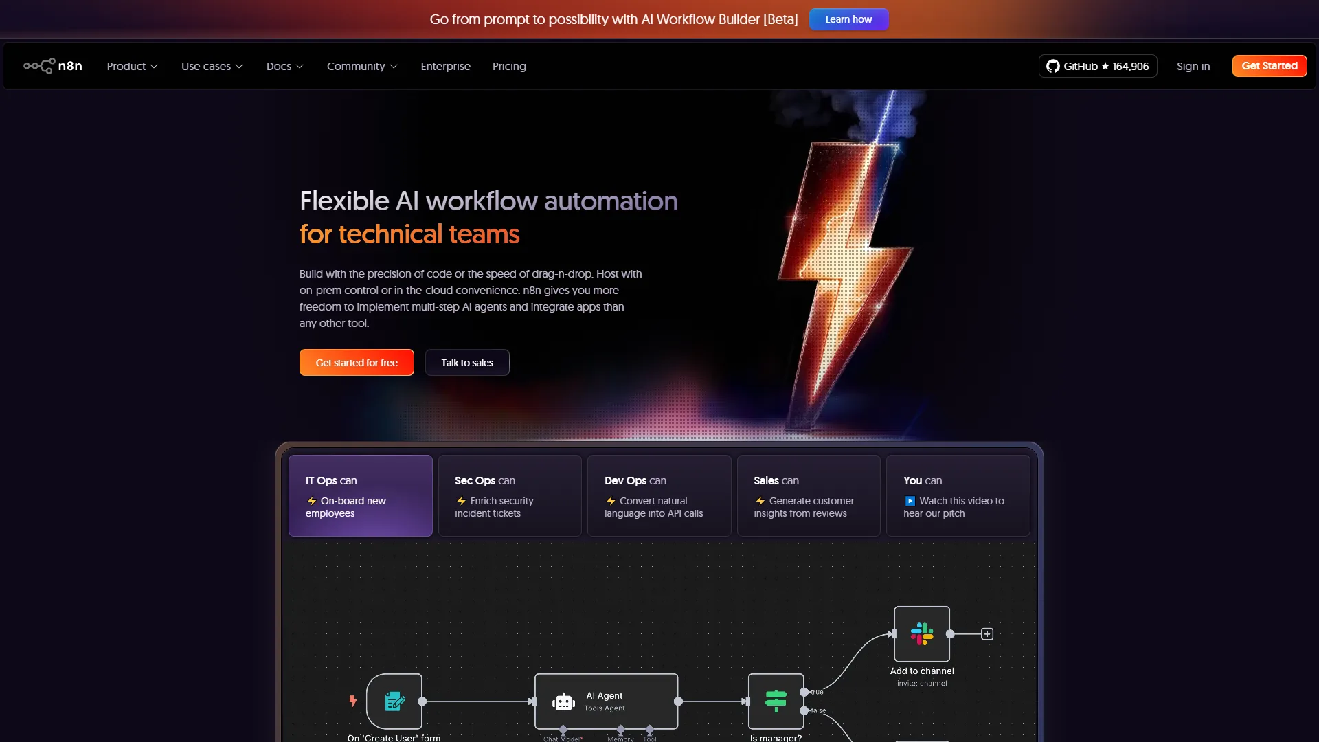 n8n homepage showing workflow canvas with visual builder and code capabilities