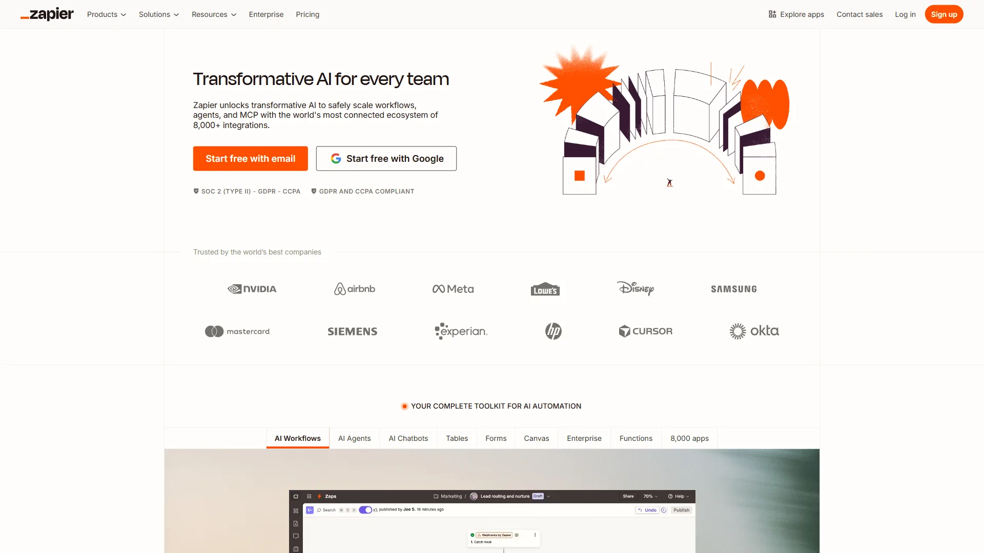 Zapier homepage showing app integration library and workflow builder