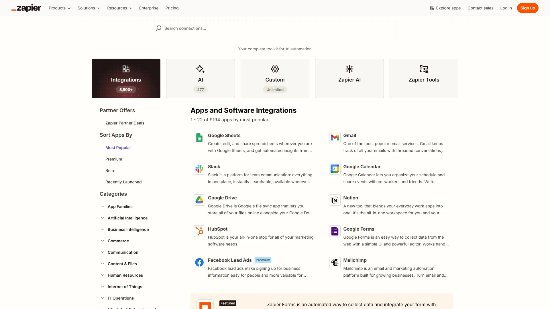 Zapier app directory showing thousands of available integrations across categories