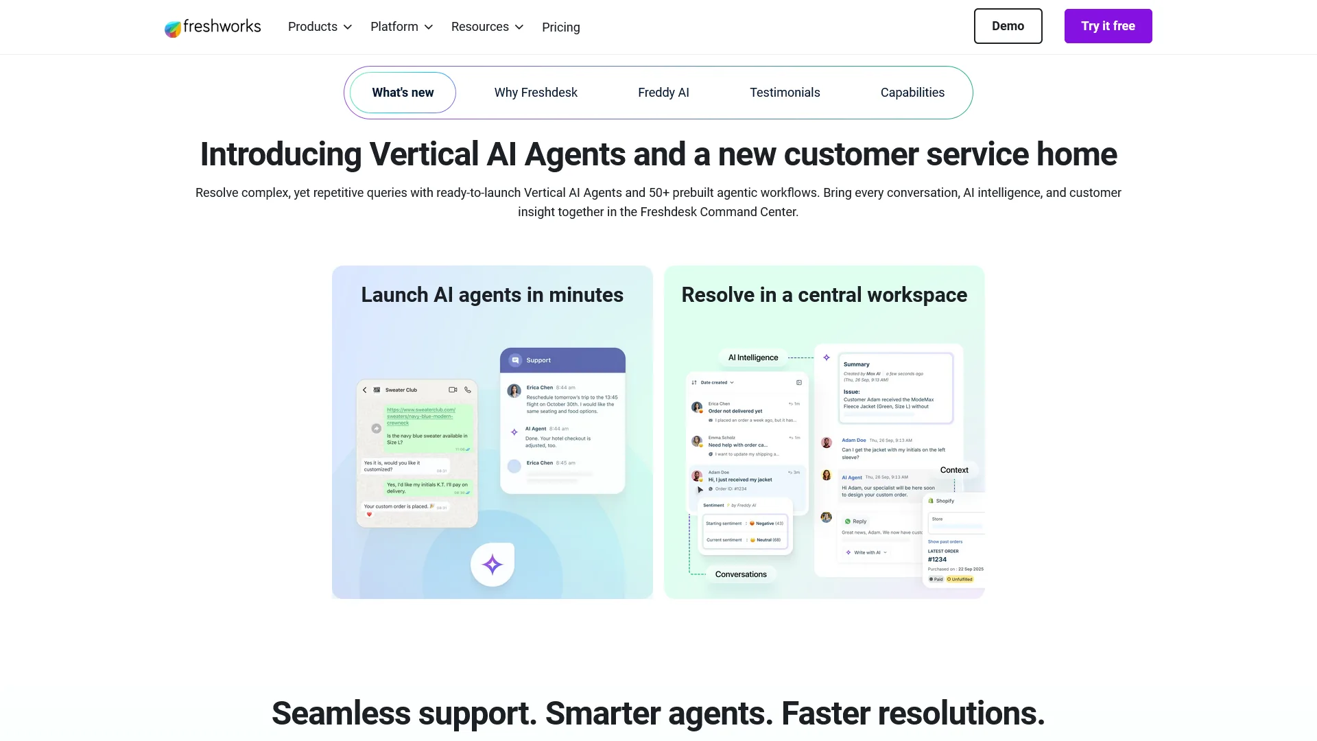 Freshdesk homepage introducing Vertical AI Agents and a central customer service workspace