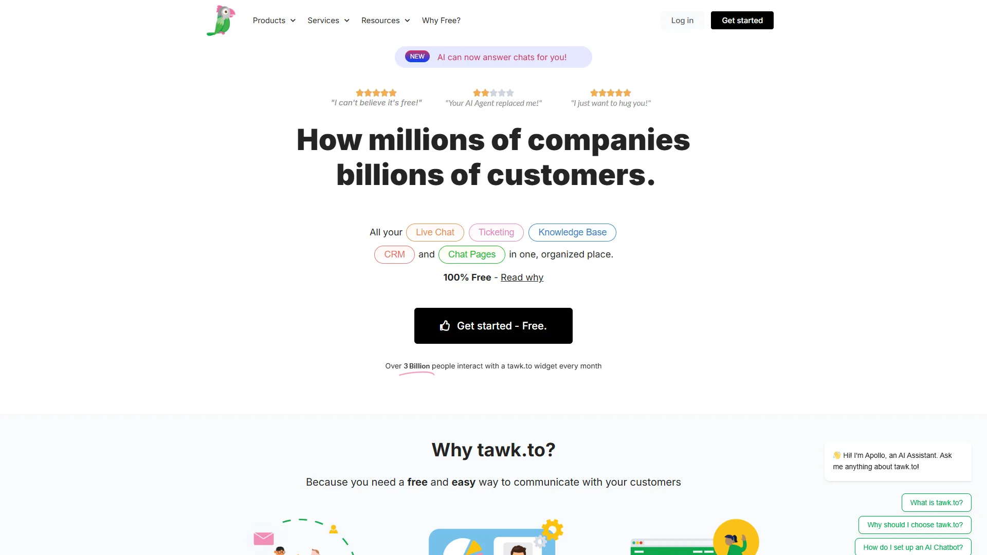 Tawk.to homepage showing free live chat, ticketing, knowledge base, CRM, and chat pages platform used by millions of companies, with 100% free pricing and 3 billion monthly widget interactions
