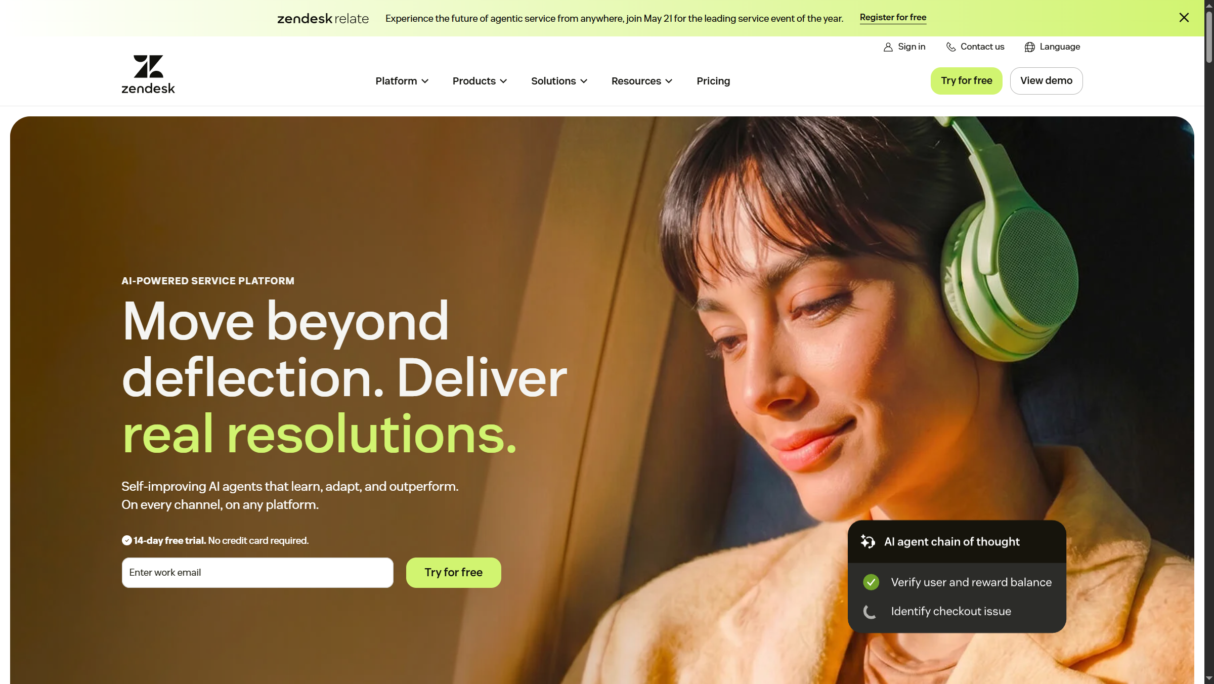 Zendesk homepage showing customer service platform