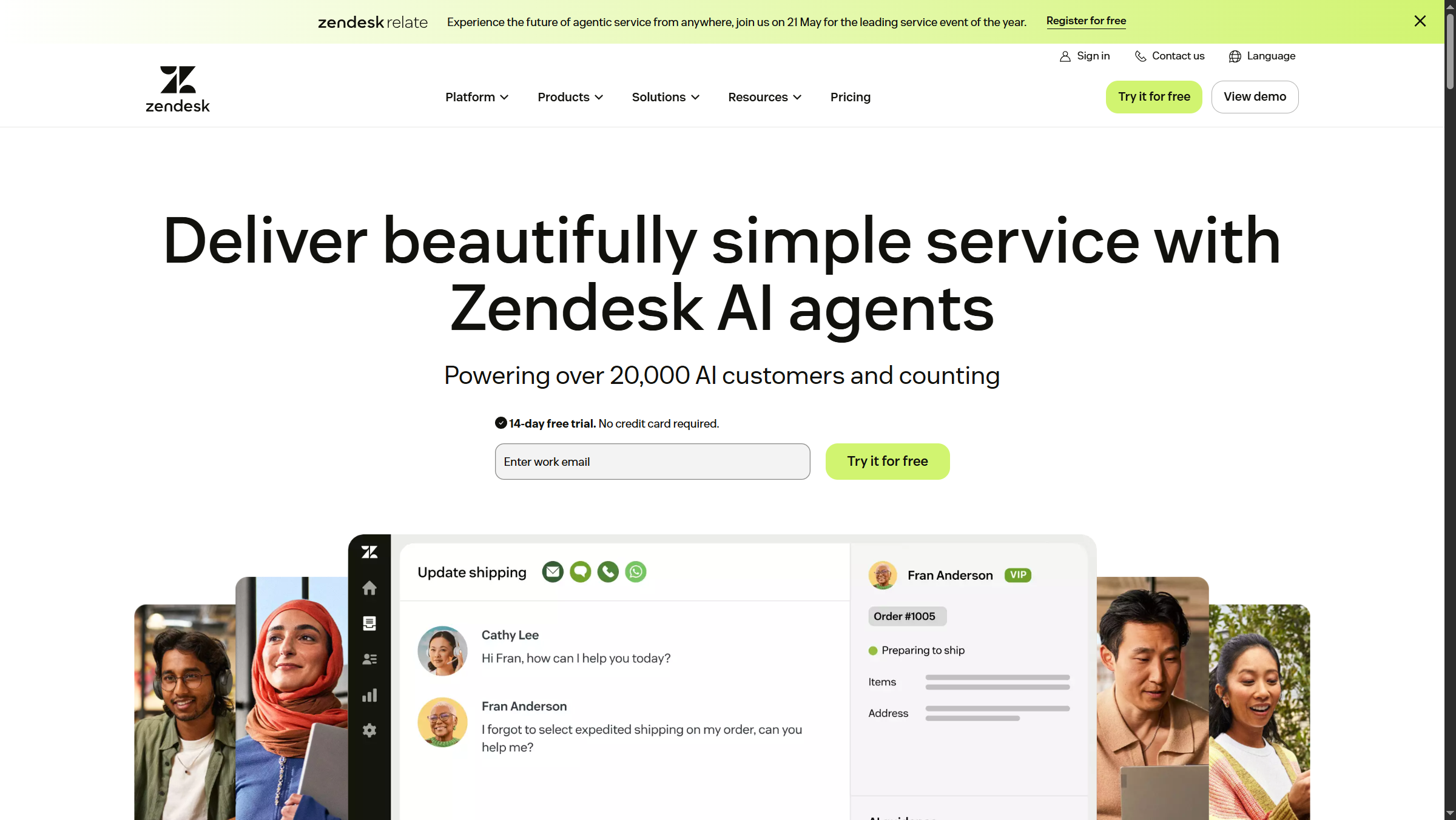 Zendesk homepage showing customer service platform