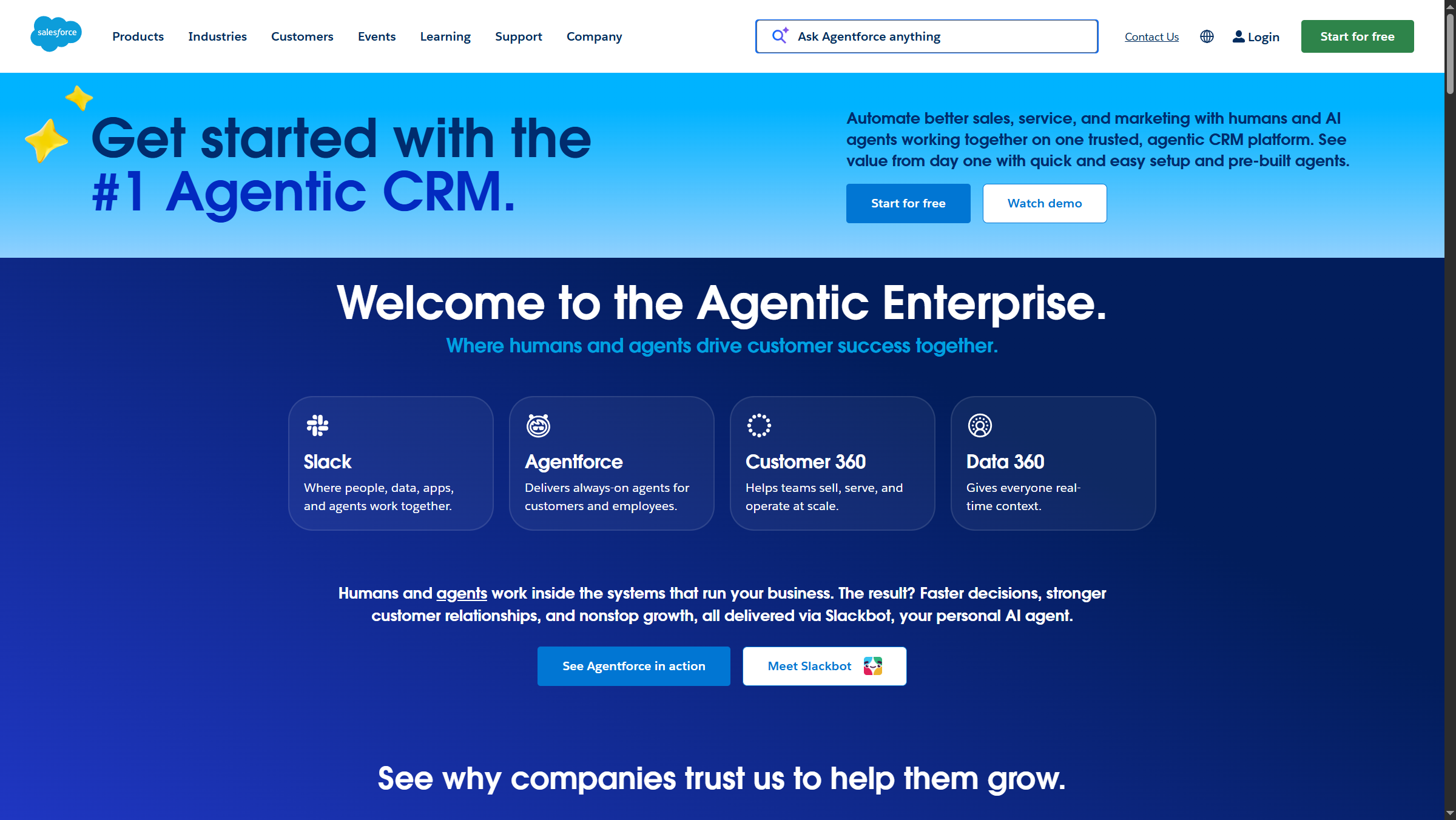 Salesforce homepage showing AI CRM platform