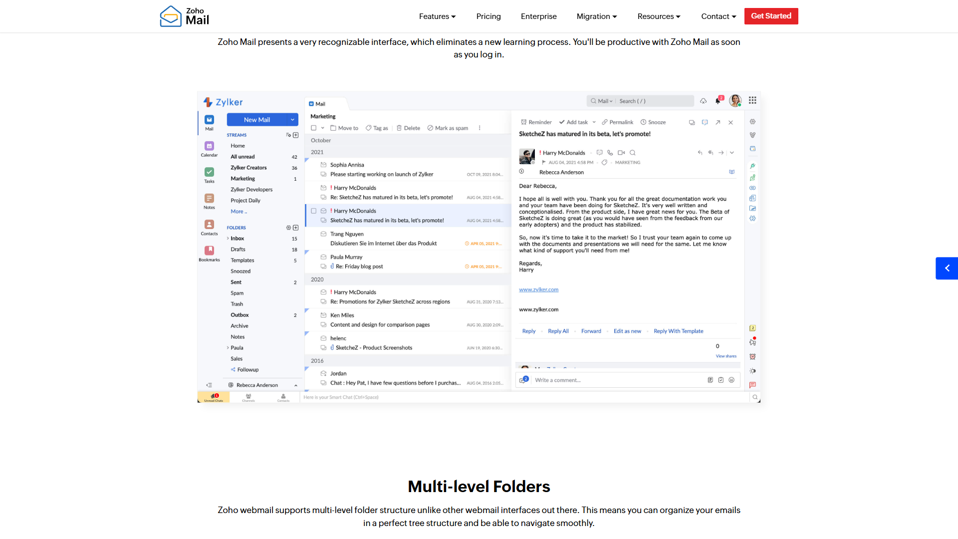 Zoho Mail webmail inbox showing the modern Trident-style interface used on the free plan