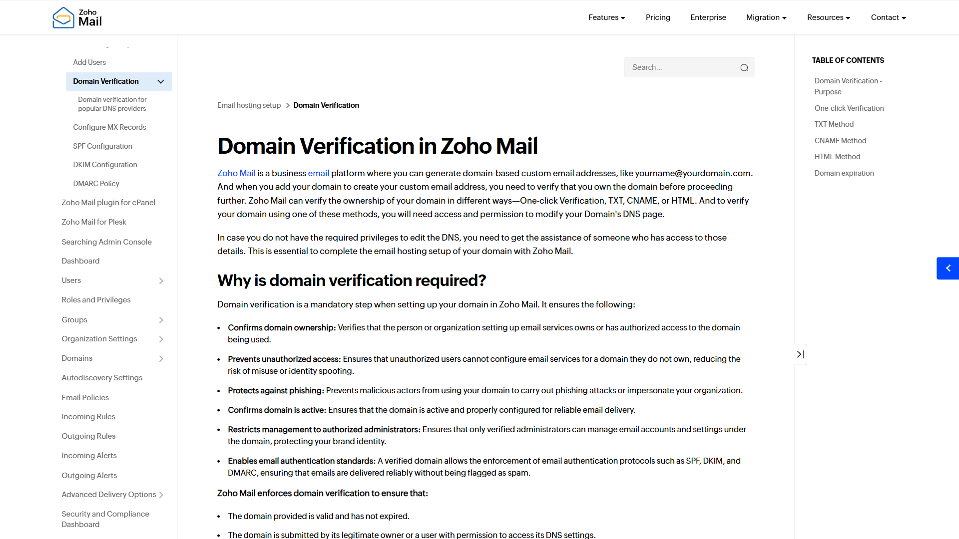 Zoho Mail admin panel showing the custom domain DNS verification step with MX SPF and DKIM records