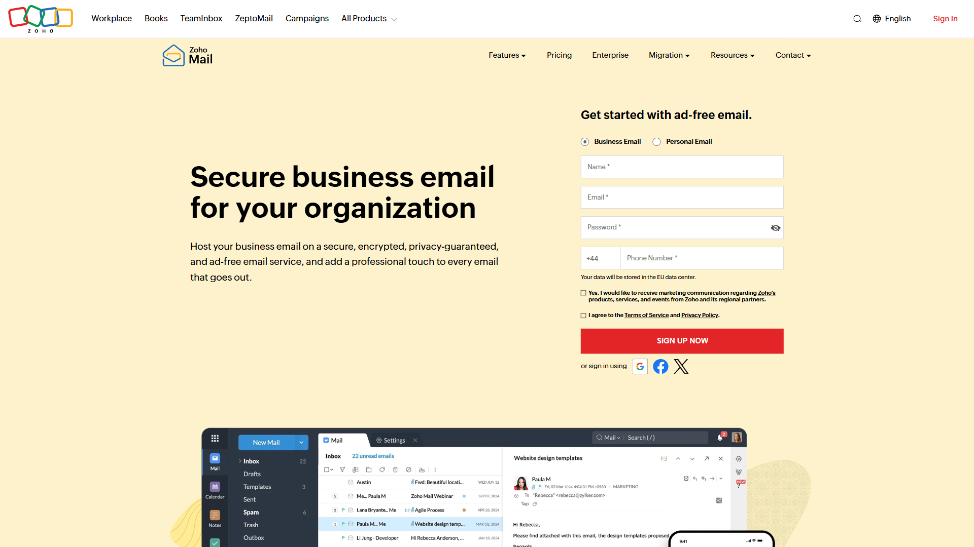 Zoho Mail homepage showing the secure business email with forever free plan