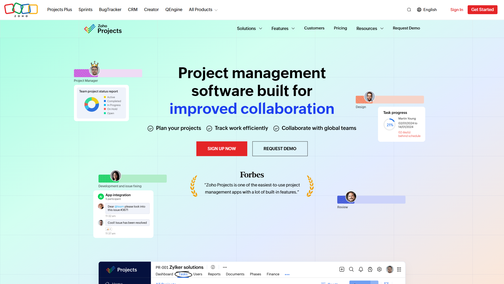 Zoho Projects homepage showing the project management software with Gantt charts and time tracking