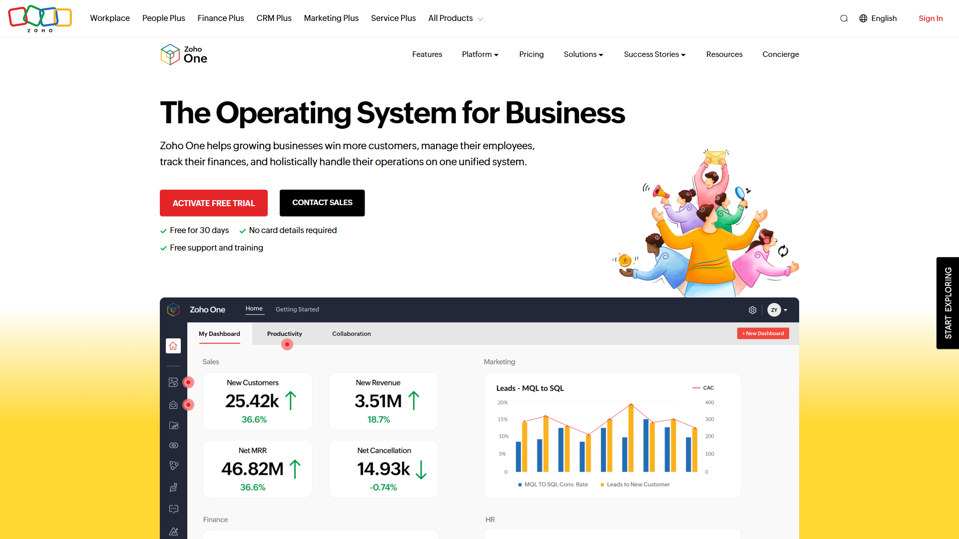 Zoho One landing page showing the operating system for business with 45 apps