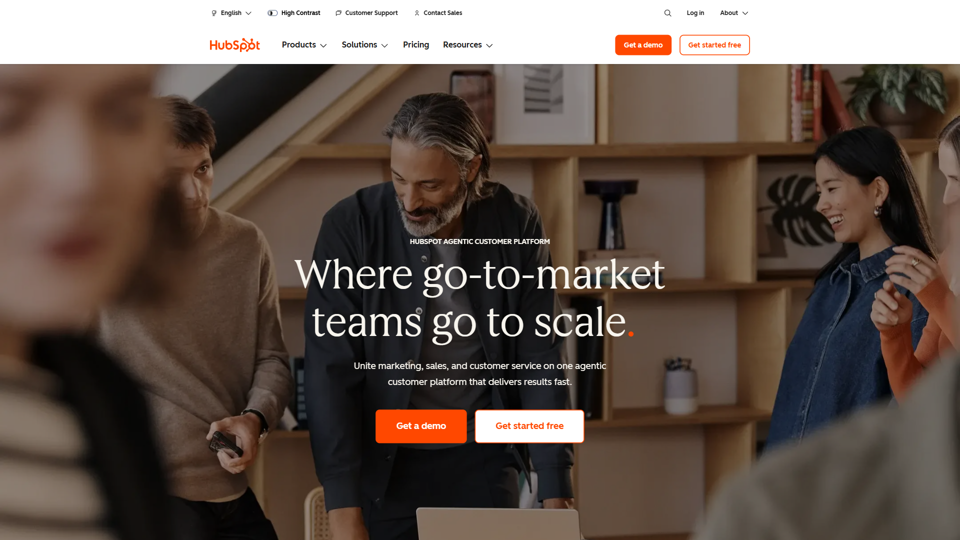 HubSpot homepage showing the Smart CRM and Marketing Sales Service Hubs
