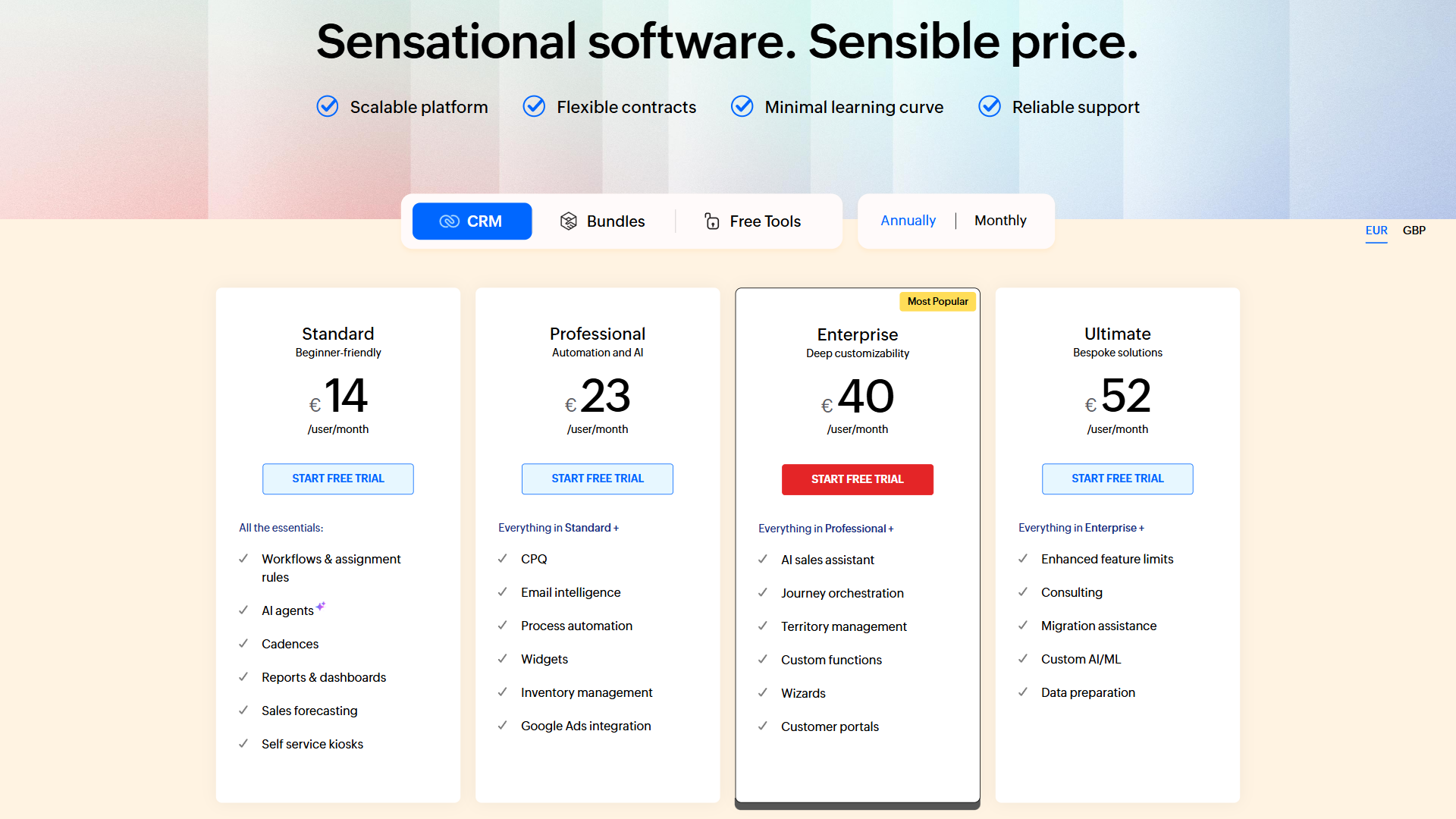 Zoho CRM pricing tiers from Free through Ultimate