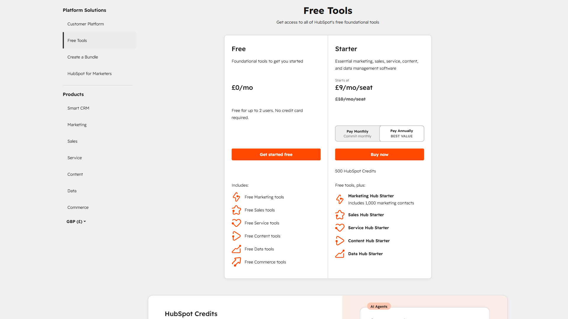 HubSpot pricing page showing Free Tools Starter Professional and Enterprise tiers