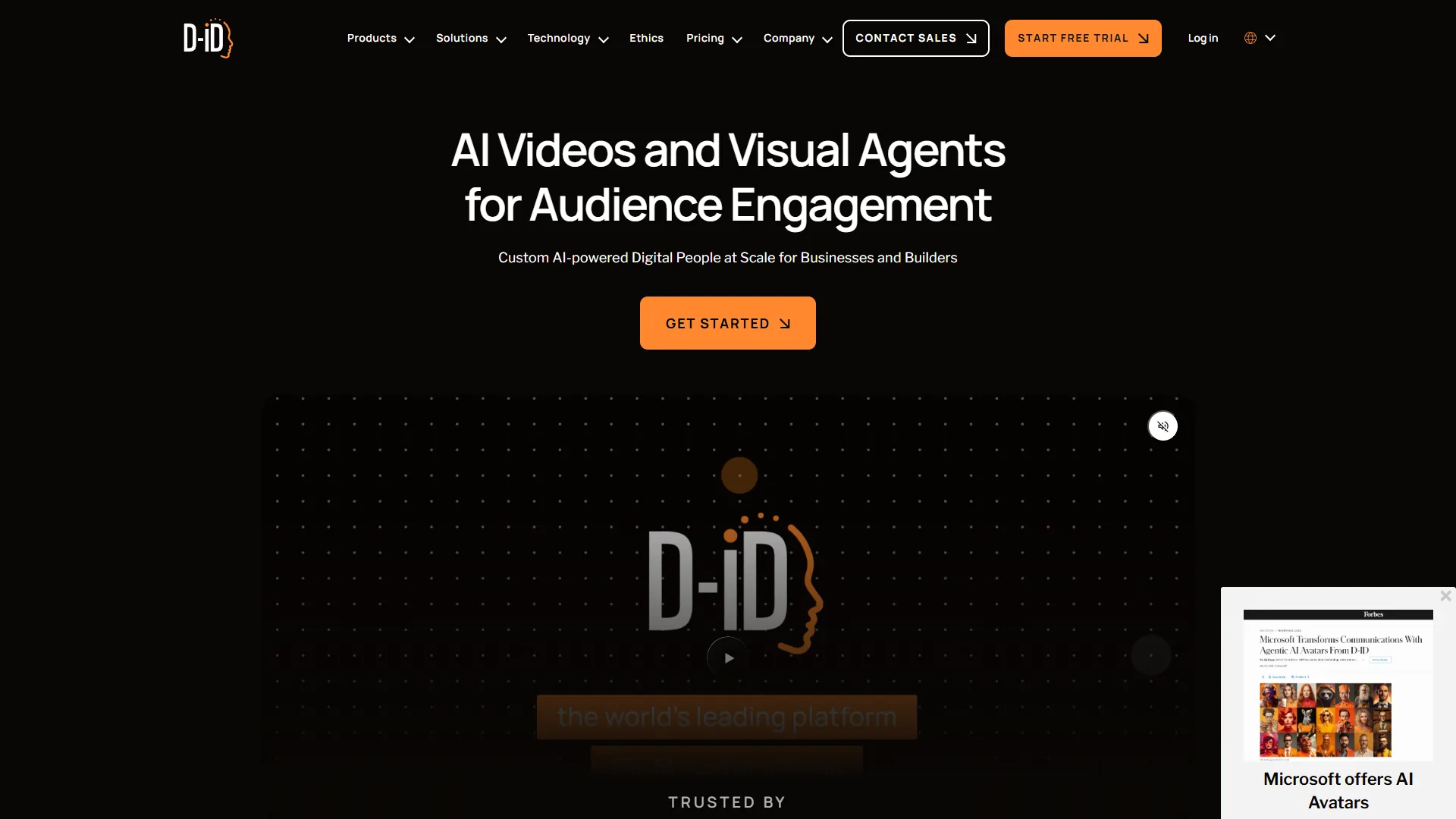 D-ID homepage showing AI avatar video creation