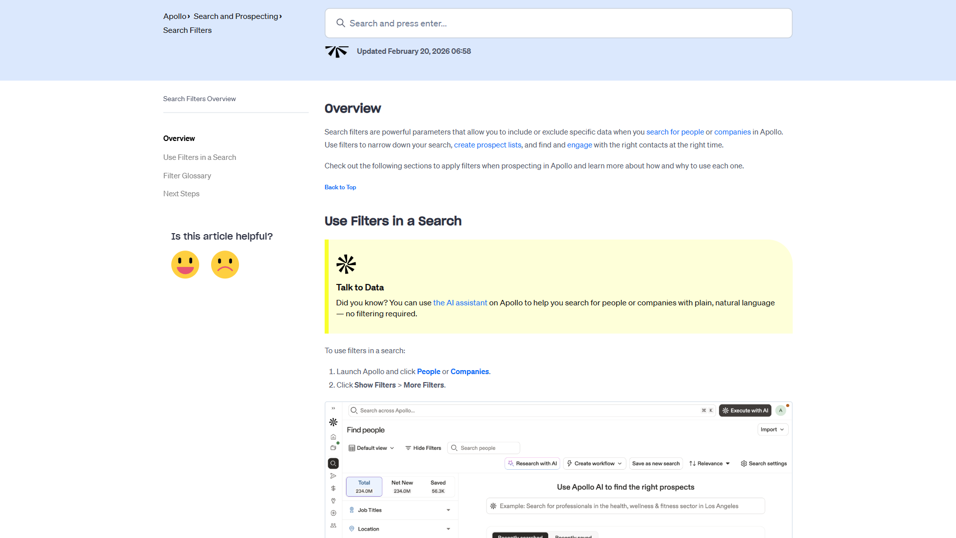 Apollo.io contact search interface with layered filters for job title, seniority, company size, and technology stack