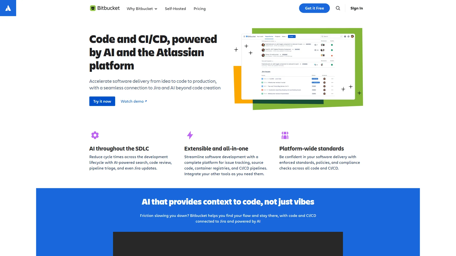 Bitbucket pull request view showing linked Jira issues, CI/CD pipeline status, and code review comments
