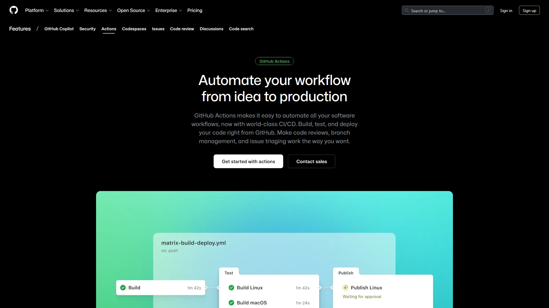 GitHub Actions features page showing CI/CD workflow capabilities for comparison with Bitbucket Pipelines
