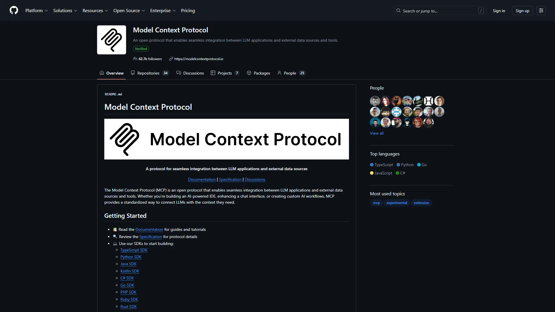 MCP GitHub organization showing official SDKs and reference implementations