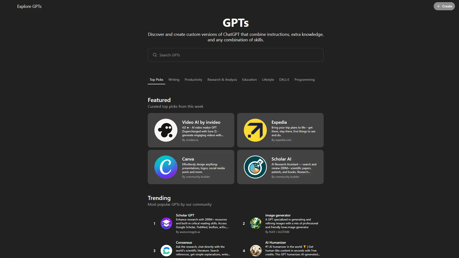 ChatGPT GPT Store browsing interface showing featured and trending custom GPTs across categories