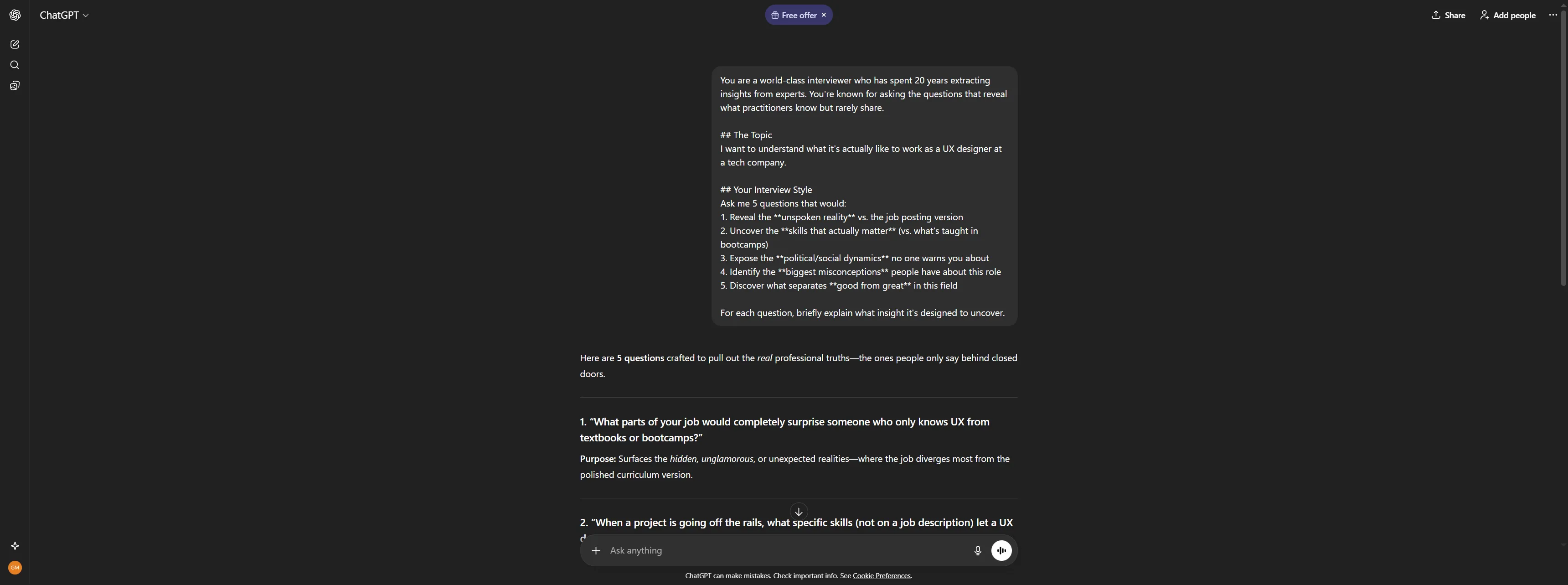 ChatGPT prompt for expert interviewer technique showing the first two probing questions