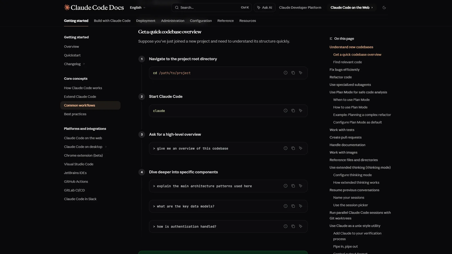 Claude Code common workflows documentation showing git integration and commit management features