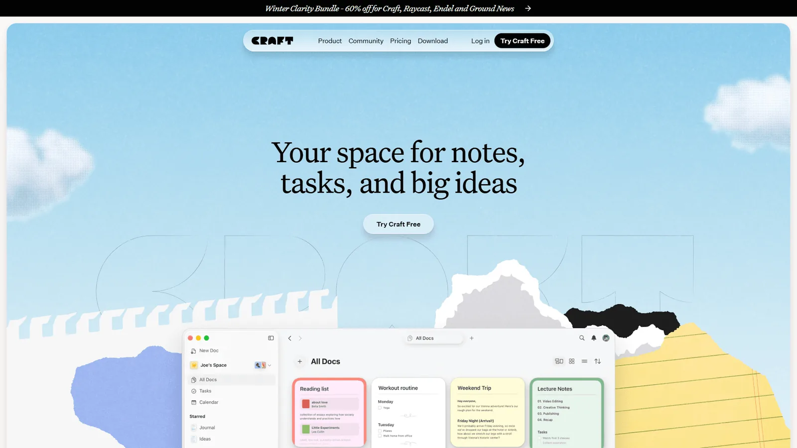 Craft docs interface showing All Docs view with colorful document cards organized in a workspace