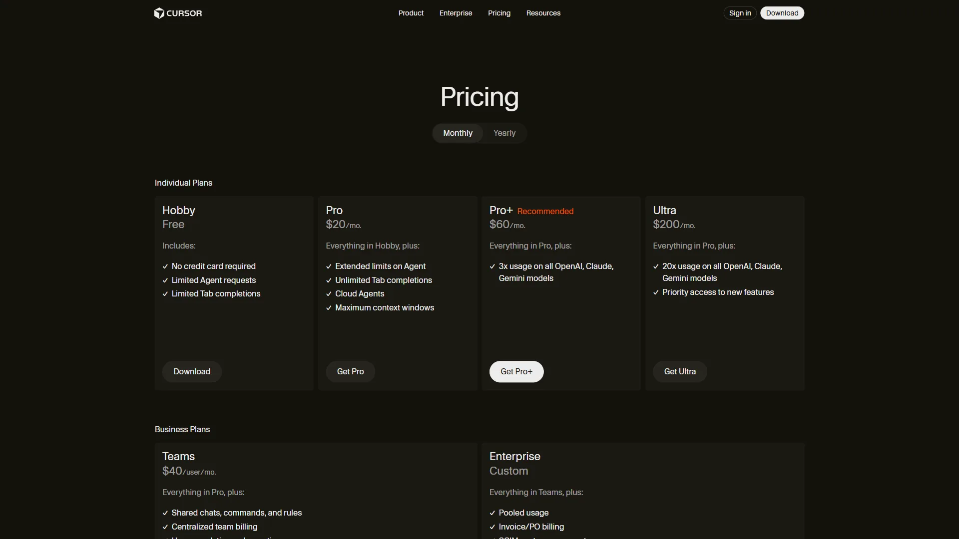 Cursor pricing page showing model access across Pro, Pro+, and Ultra tiers