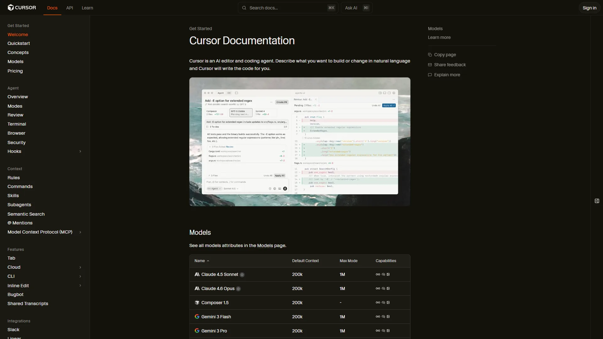 Cursor features documentation showing inline editing and Composer capabilities
