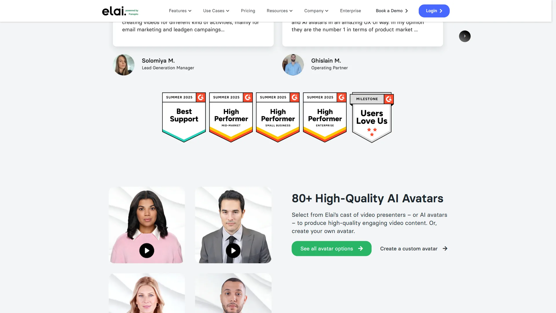 Elai homepage showing 80+ high-quality AI avatars with award badges for best support and high performer