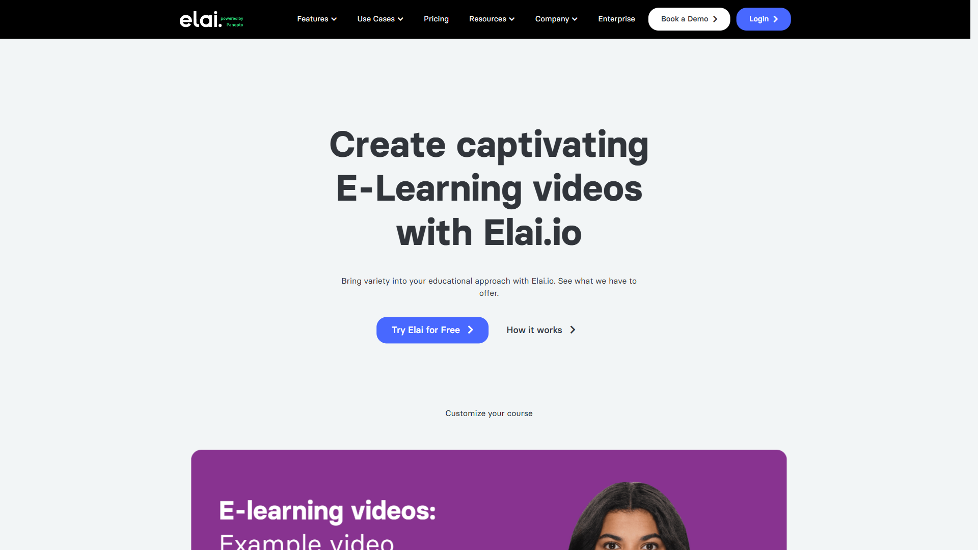 Elai e-learning page showing Create captivating E-Learning videos heading with example video preview