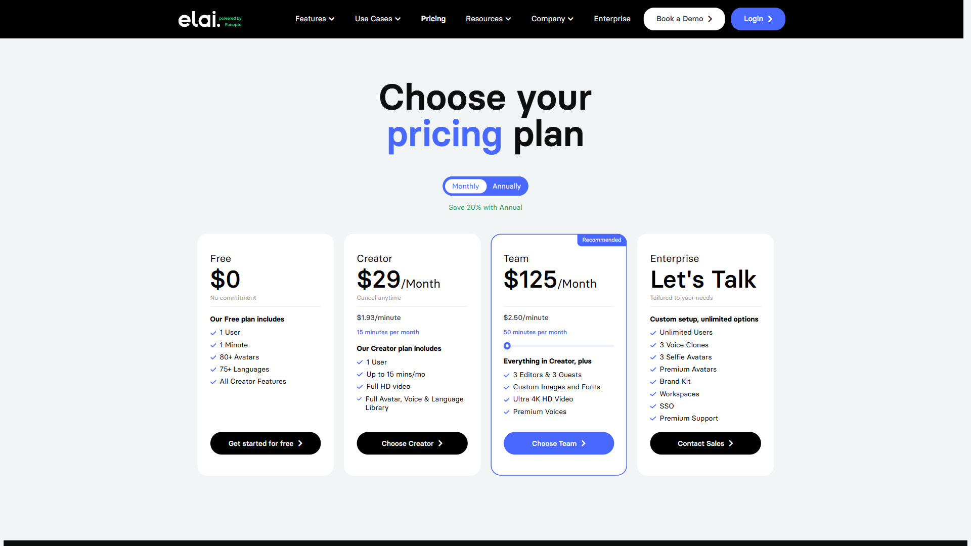 Elai pricing page showing Free, Basic, Advanced, and Enterprise tiers