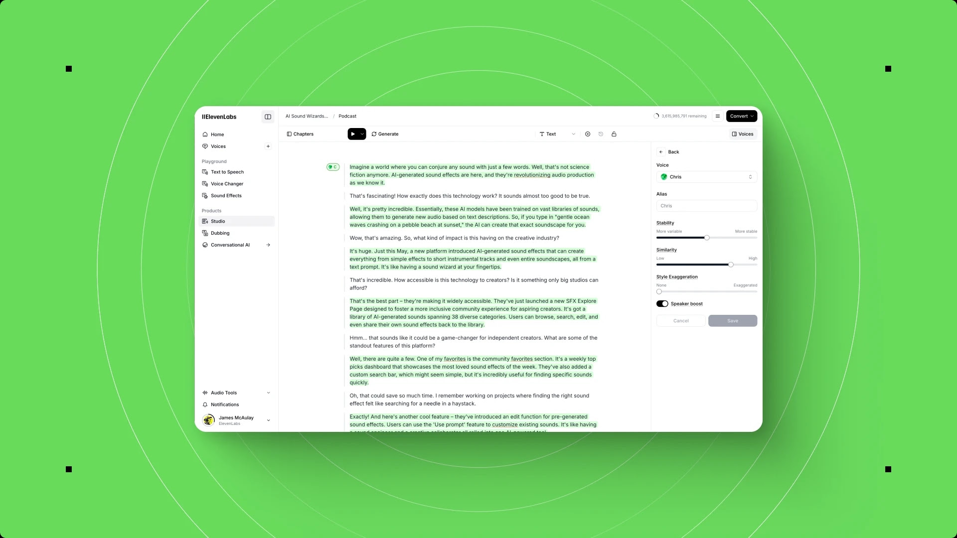 ElevenLabs Studio workspace overview