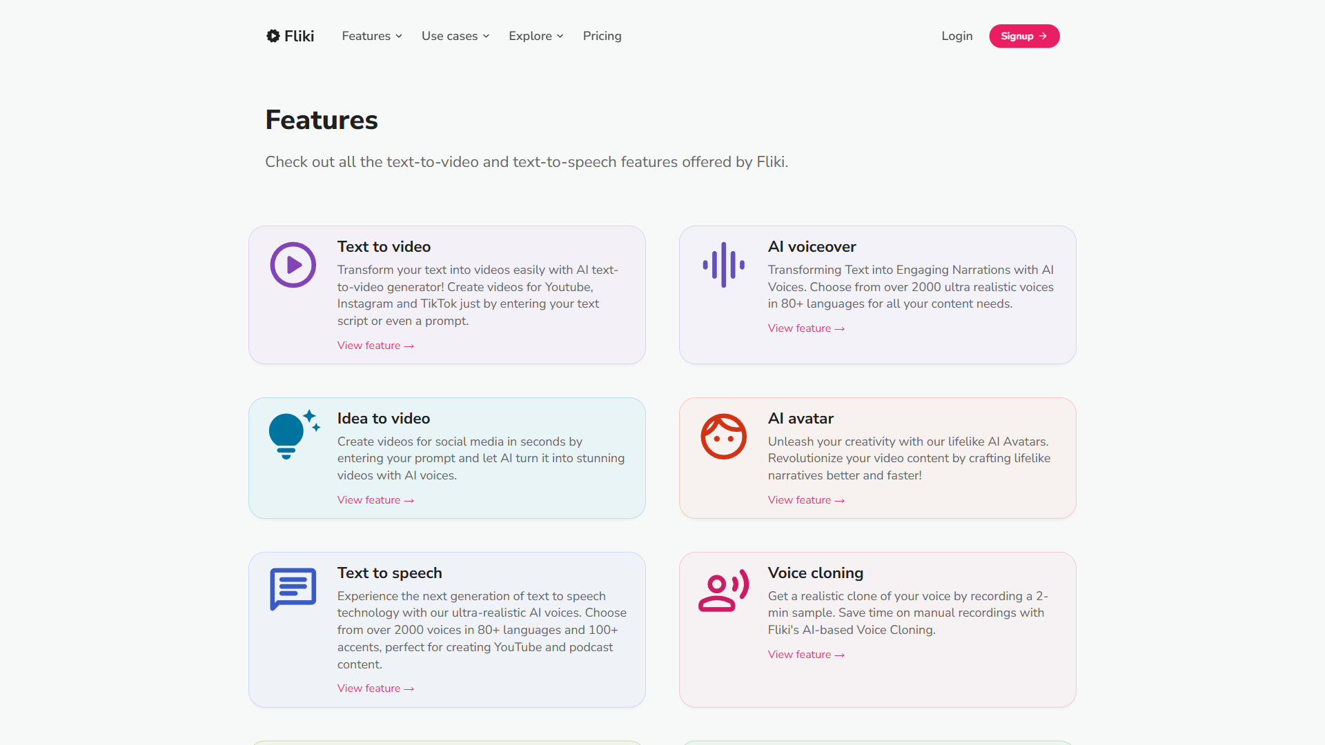 Fliki features page showing Text to video, AI voiceover, Idea to video, AI avatar, Text to speech, and Voice cloning capabilities