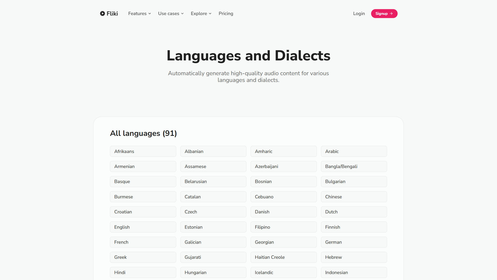 Fliki languages and dialects page showing 91 supported languages for AI voice generation