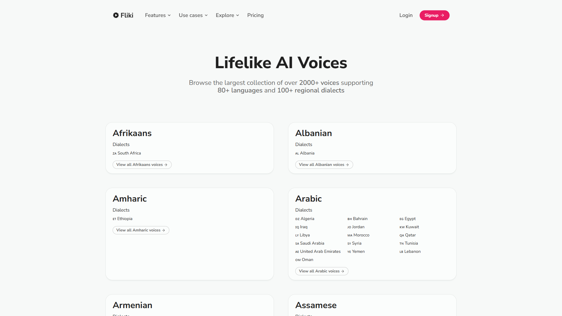 Fliki voice library page showing over 2000 lifelike AI voices across 80 plus languages and 100 regional dialects