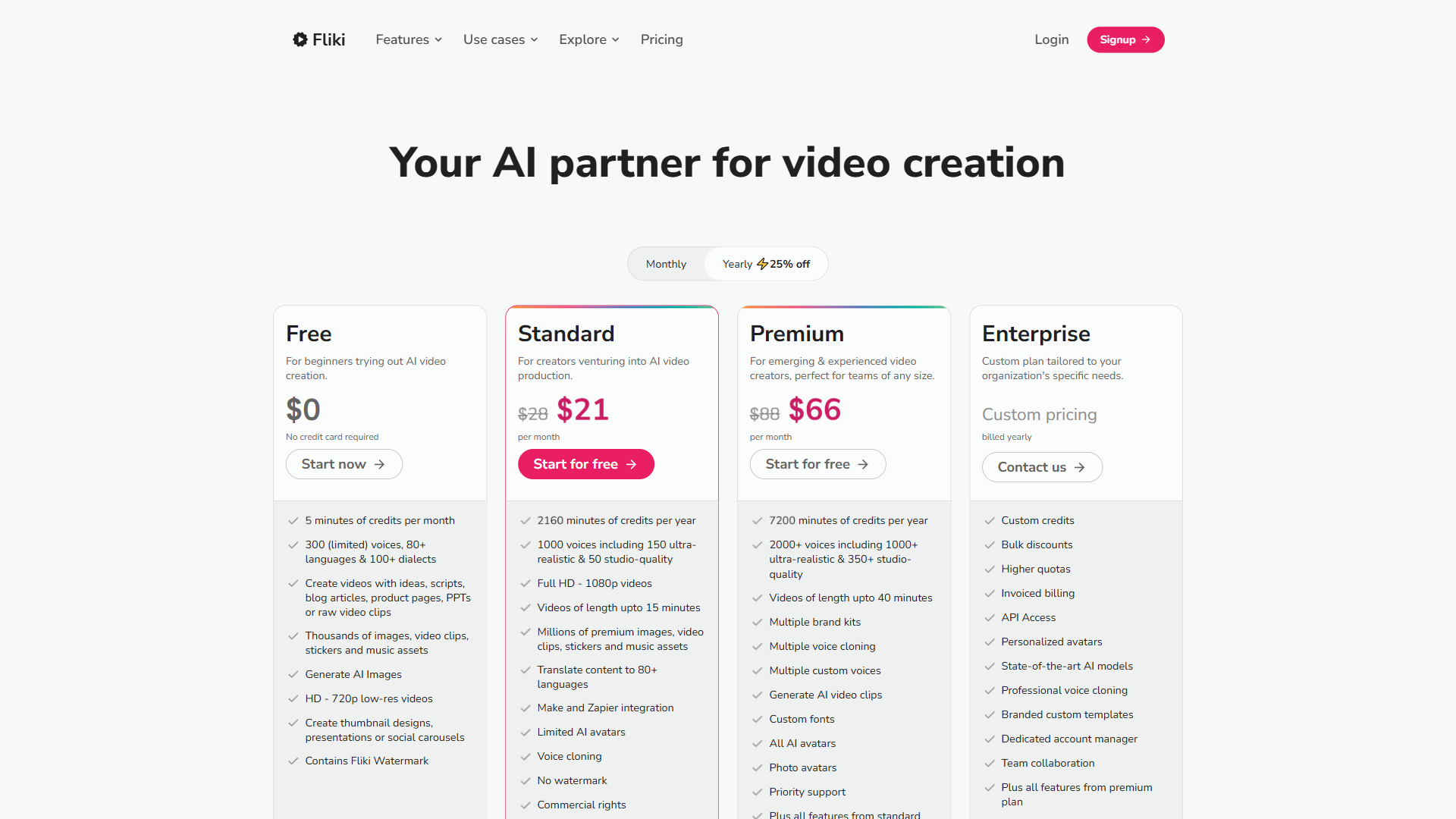 Fliki pricing page showing Free, Standard at $21 per month, Premium at $66 per month, and Enterprise plans with yearly billing