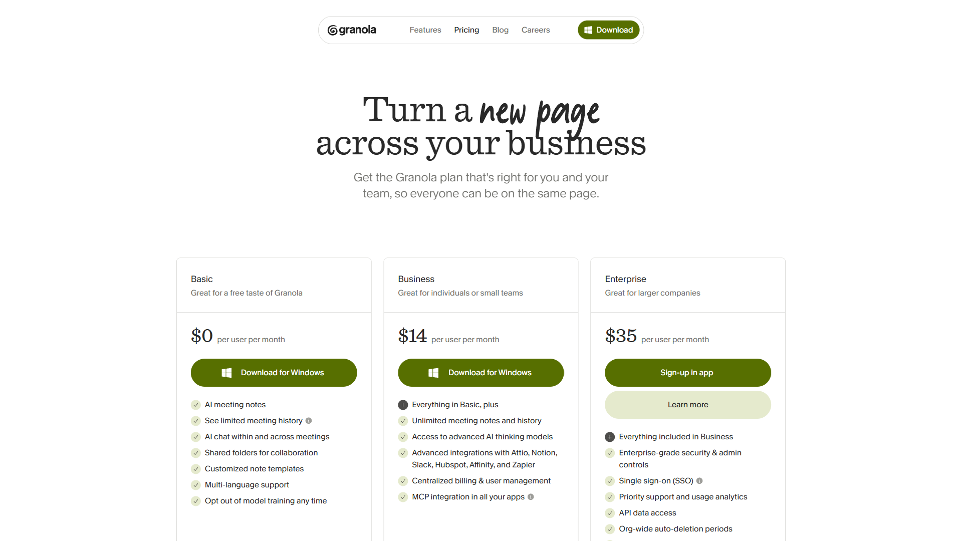 Granola pricing page showing Basic (Free), Business ($14/month), and Enterprise ($35/month) tiers with feature lists